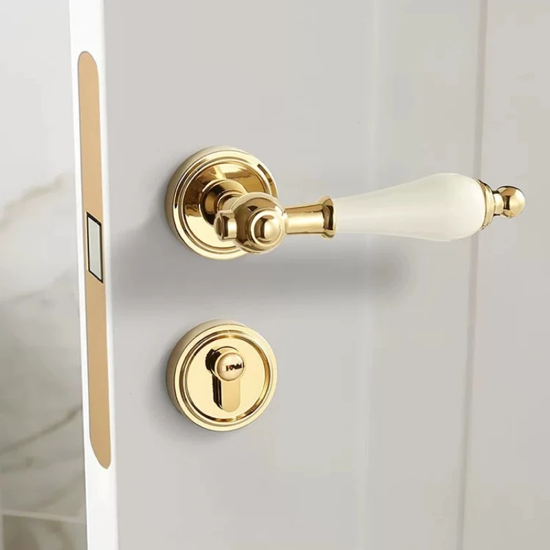 French Gold Ceramic Magnetic Silent Door Lock, American Style Handle, 72dB Noise Reduction Latch, Stainless Steel Panel