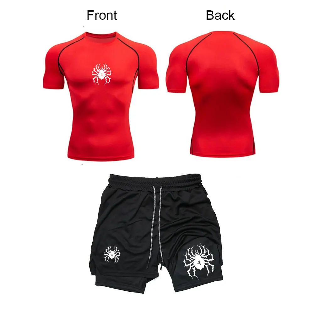 ملابس رياضية للرجال Y2K مطبوعة على شكل هيكل عظمي قمصان رياضية مضغوطة + 2 في 1 شورت أداء صيفي للياقة البدنية والجري