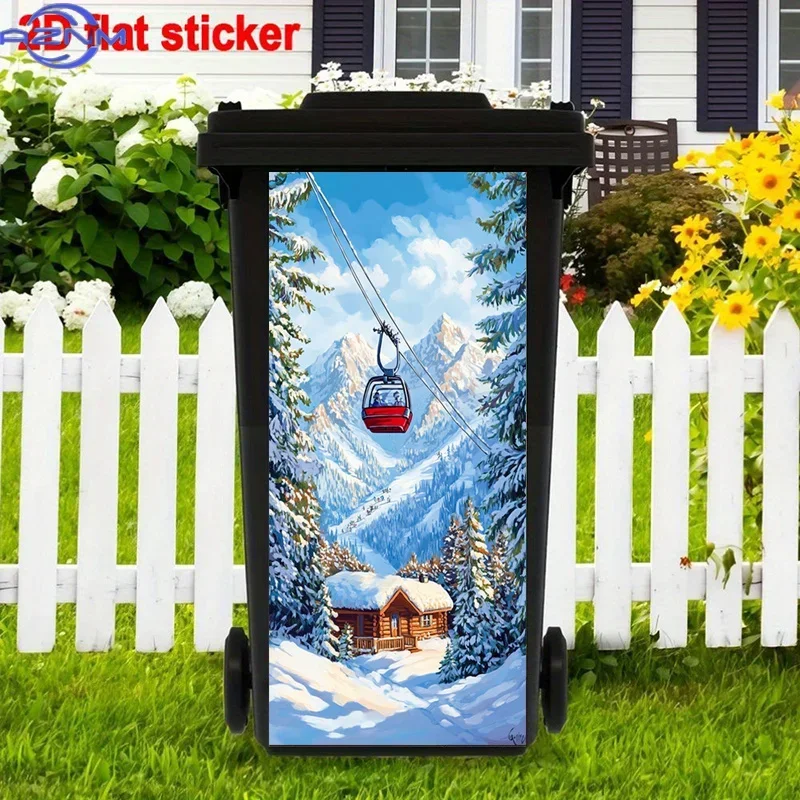 2D 1PCWinter Scene Trash Can Sticker | Ski Lift And Cabin Stickers, Snowy Mountain Trash Can Decals, Modern Self-Adhesive, Hig