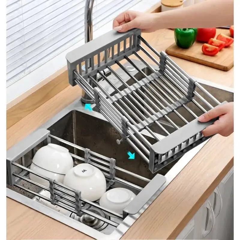 

Adjustable Stainless Steel Dish Rack Fruit And Vegetable Washing Drainer, Tableware Drain Basket, Kitchen Storage
