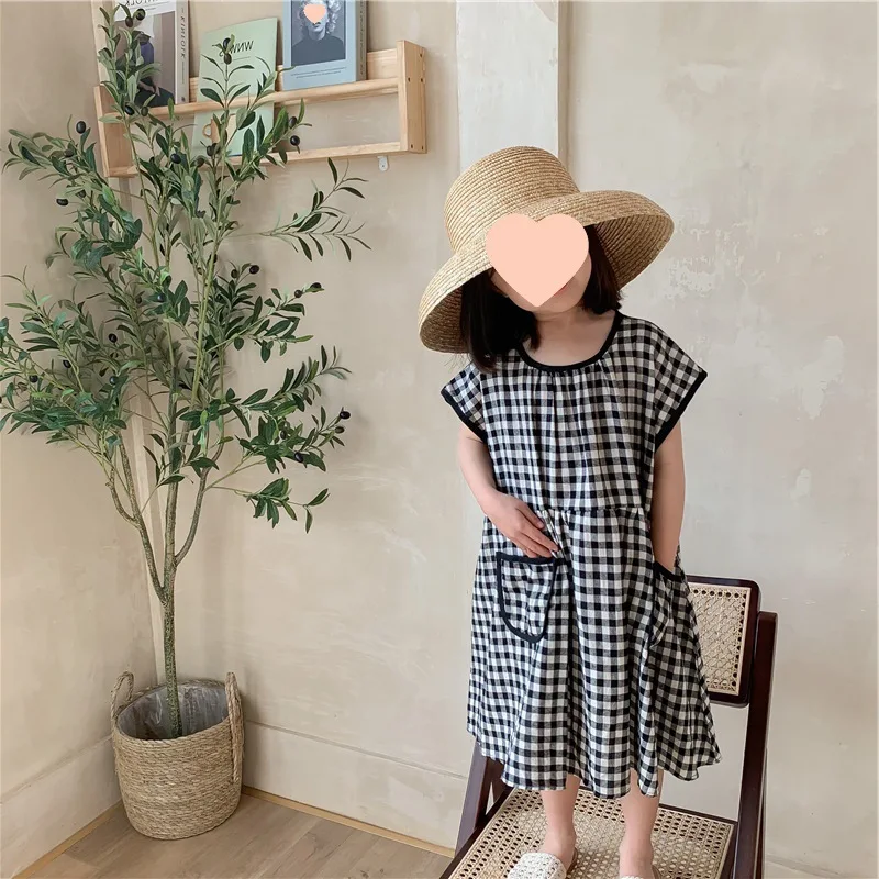 Girls' Plaid Off-Shoulder Sleeve Dress Princess Dress25Summer New Foreign Trade Children's Wear Delivery3-8Years Old