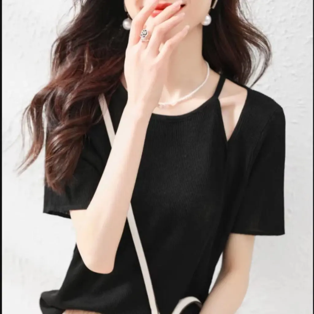 

Women's Thin Hollow Shoulder Ice Silk Knitwear Summer Korean Style Slim Fit Elegant T-shirt Simple Commuter Trendy Top