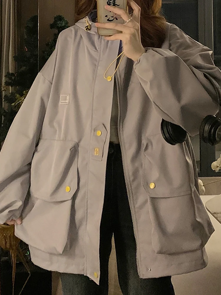 

Women Hooded Jacket Preppy Style Zipper Cardigan Coat Pocket New Loose Casual Solid Outerwear Long Sleeve Coat Autumn