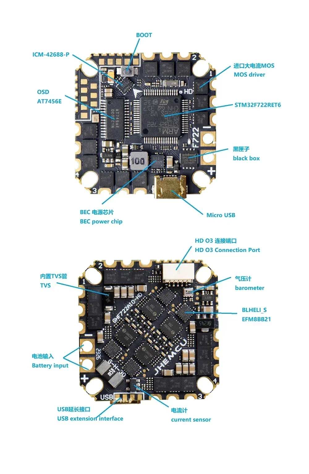 JHEMCU GHF722AIO-HD 40A FC tout-en-un – Baro/OSD/BlackBox intégré et ESC 4 en 1 (2-6S) pour drones FPV Freestyle/Cinewhoop