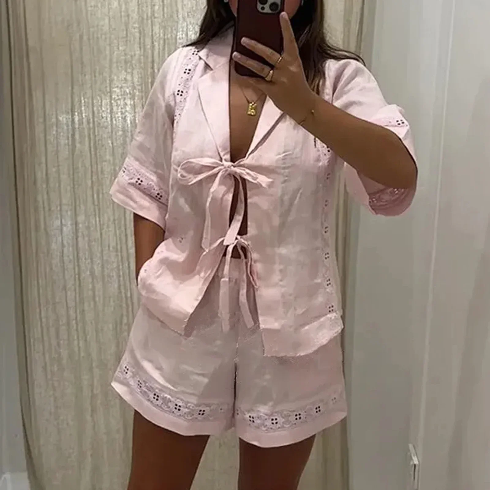 Women’s Casual 2 Piece Outfits 3/4 Sleeve Tied Knot Front Half Sleeve Lapel Neck Shirt with Loose Shorts Set Loungewear