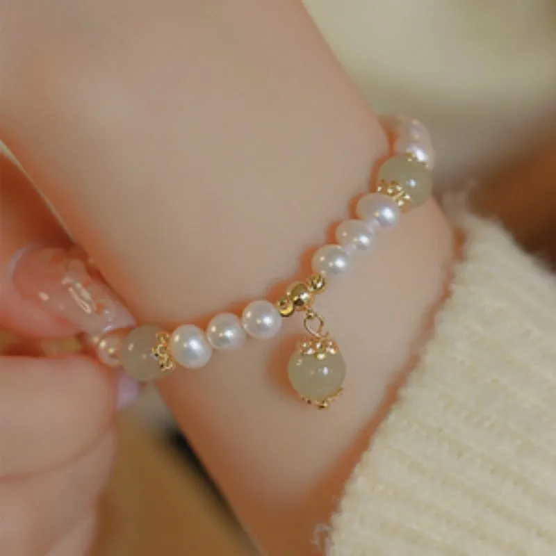 

Genuine Womens Natural Crystal Hetian Jade Freshwater Pearl Bracelet Niche Design All Match New Elegant Daily Jewelry Gift