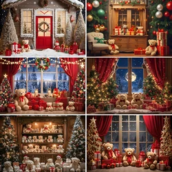 Merry Christmas Teddy Bear Doll Photography Background Xmas Tree Red Curtain Window Decor Kid Portrait Indoor Photocall Backdrop