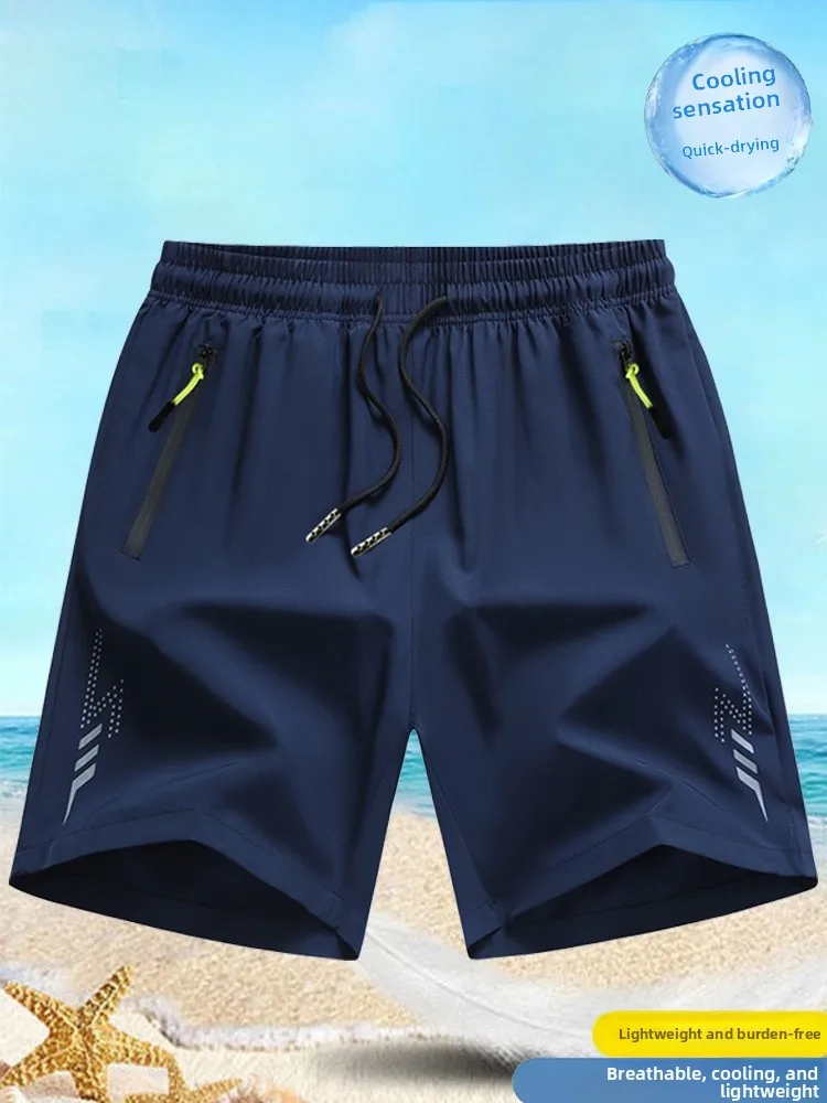 

Летние мужские тонкие ледяные шелковые брюки Qui Dry, свободные дышащие пляжные брюки большого размера с пятью точками, модные городские брюки из полиэфирного волокна