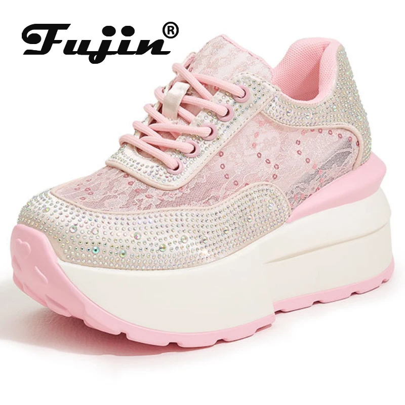 Fujin 8cm Air Mesh Hollow Synthetic Leather Leisure Platform Wedge Slippers Chunky Sneakers Breathable Summer Women Mixed Color