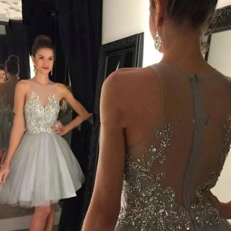 

ANGELSBRIDEP Sliver Short Homecoming Dresses Lace Applique Crystal Beaded Sheer Back Cocktail Party 8th Grade Graduation Gowns