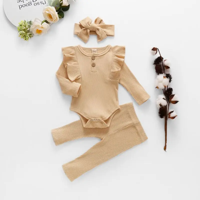 Solid Color Spring Autumn Baby Children Ruffled Fly-sleeved One-piece Romper Trousers And Headband Three-piece Suit