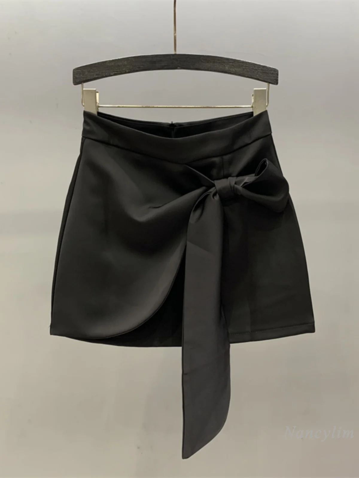 Bow Ribbon Satin Short Skirt for Women 2024 Summer New High Waist Slimming Anti-Walking A- Line Sheath Skirt Mini Falda