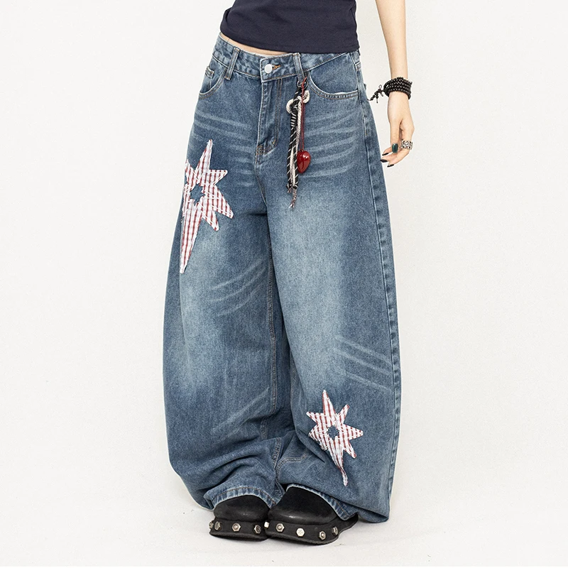 

Women's Blue Star Patch Embroidered Jeans Harajuku Y2k Retro High Waist Korean 2000s Fashion Loose Straight Wide-Leg Jeans Ins
