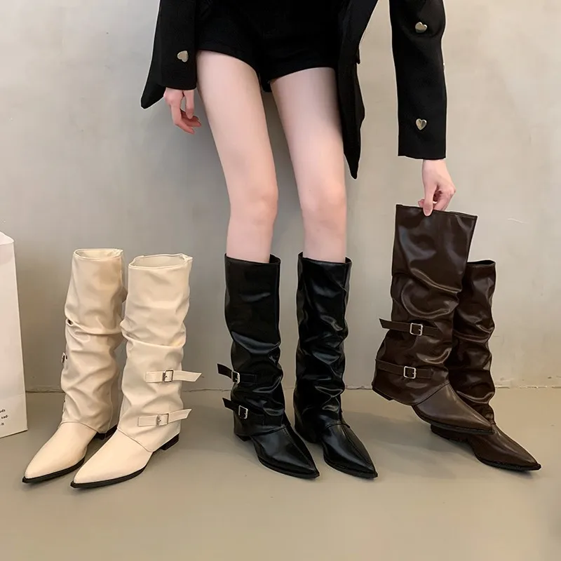 Winter Boots Lady Female Shoes Boots-Women Crossdresser Luxury Designer 2024 Punk Pointy Autumn Fashion Pleated  Pointed