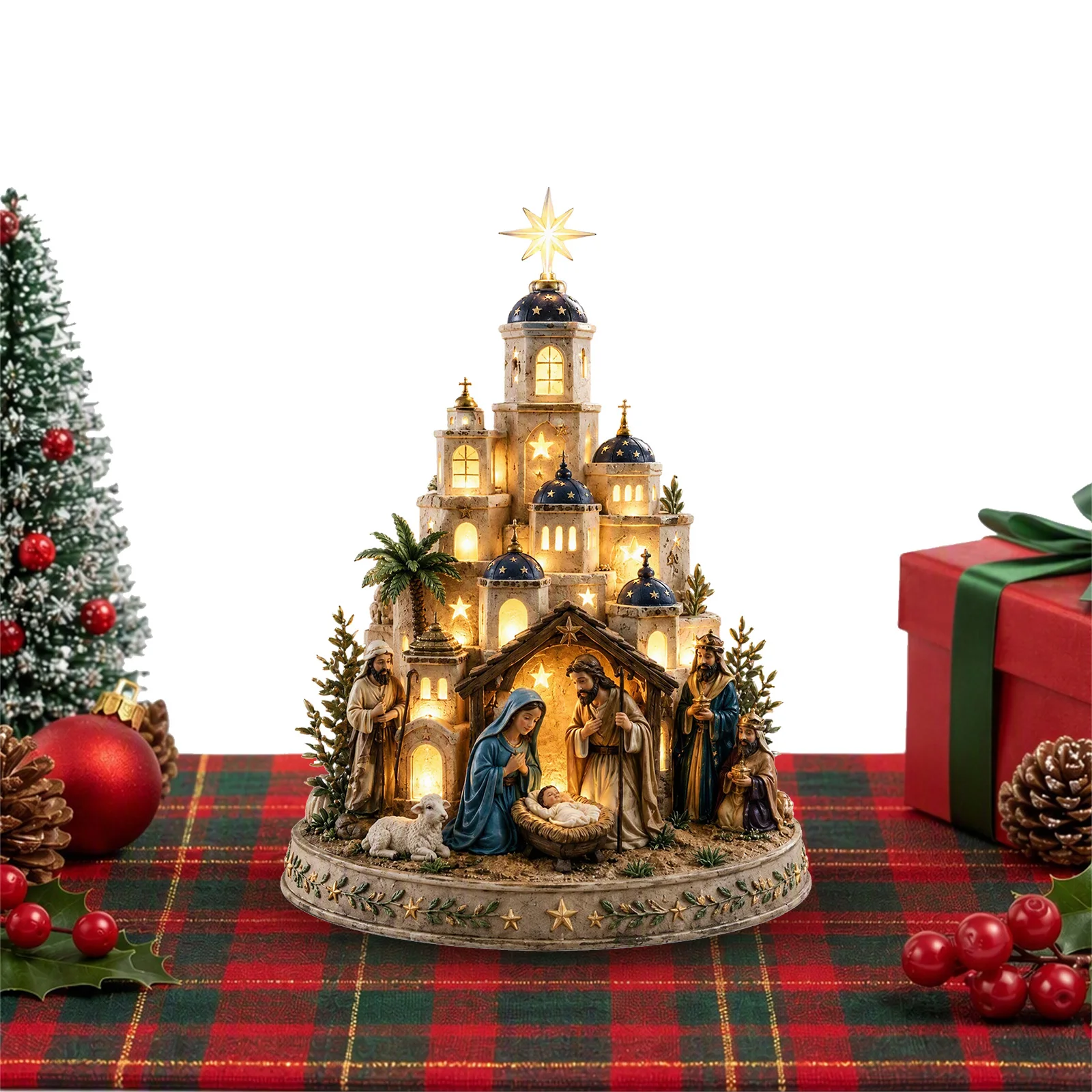 Lighted Christmas Resin Village Tree Centerpiece Warm LED Flameless Glow Festive Holiday Table Decor