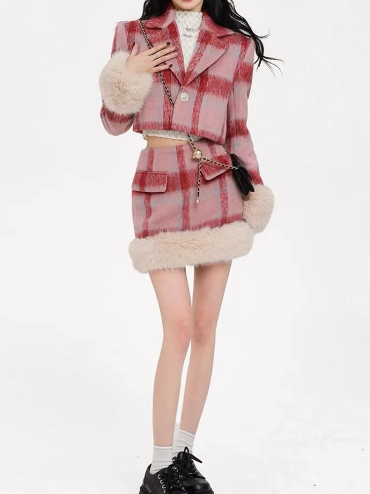 

UNXX Autumn Winter Short Skirt Sets Plaid Suit Set Women Casual Y2K Cropped Top + Mini Skirt Two Piece Korean Fashion Clothing