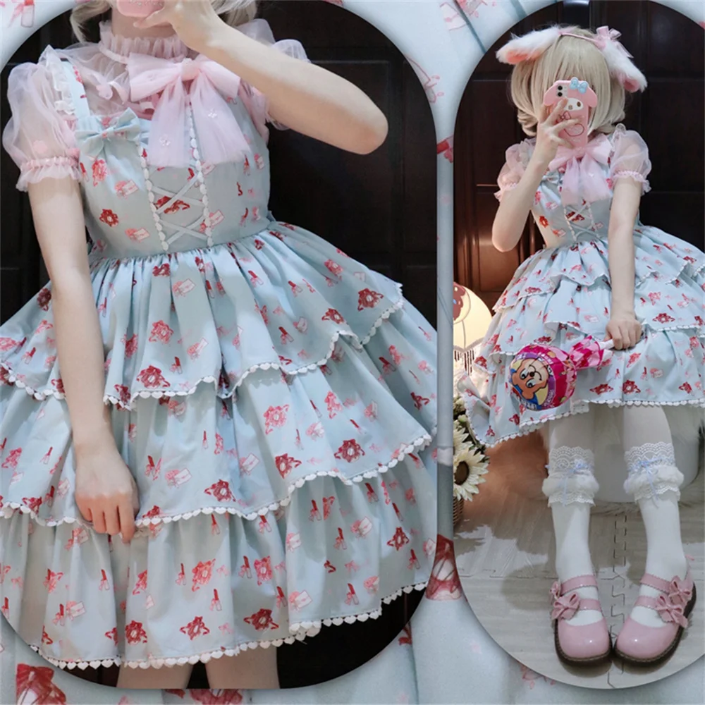 Summer Girls Cute Flower Printing Cake Vestidos Lolita Dress Sweet Girls Tea Party High Waist Princess Bowknot Cos Lolita Jsk