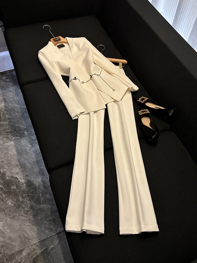 

White V-ne Wide-leg Pants Suit Set Women's High-end Profional Formal Two-piece Suit C9845 Autumn Winter Collection