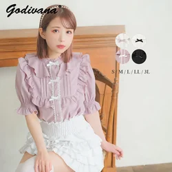 Japanese Style New Summer Exquisite Shirt Solid Color Retro Wooden Ear Bow Stand Collar Lolita Short Sleeve Blouse Sweet Blusas