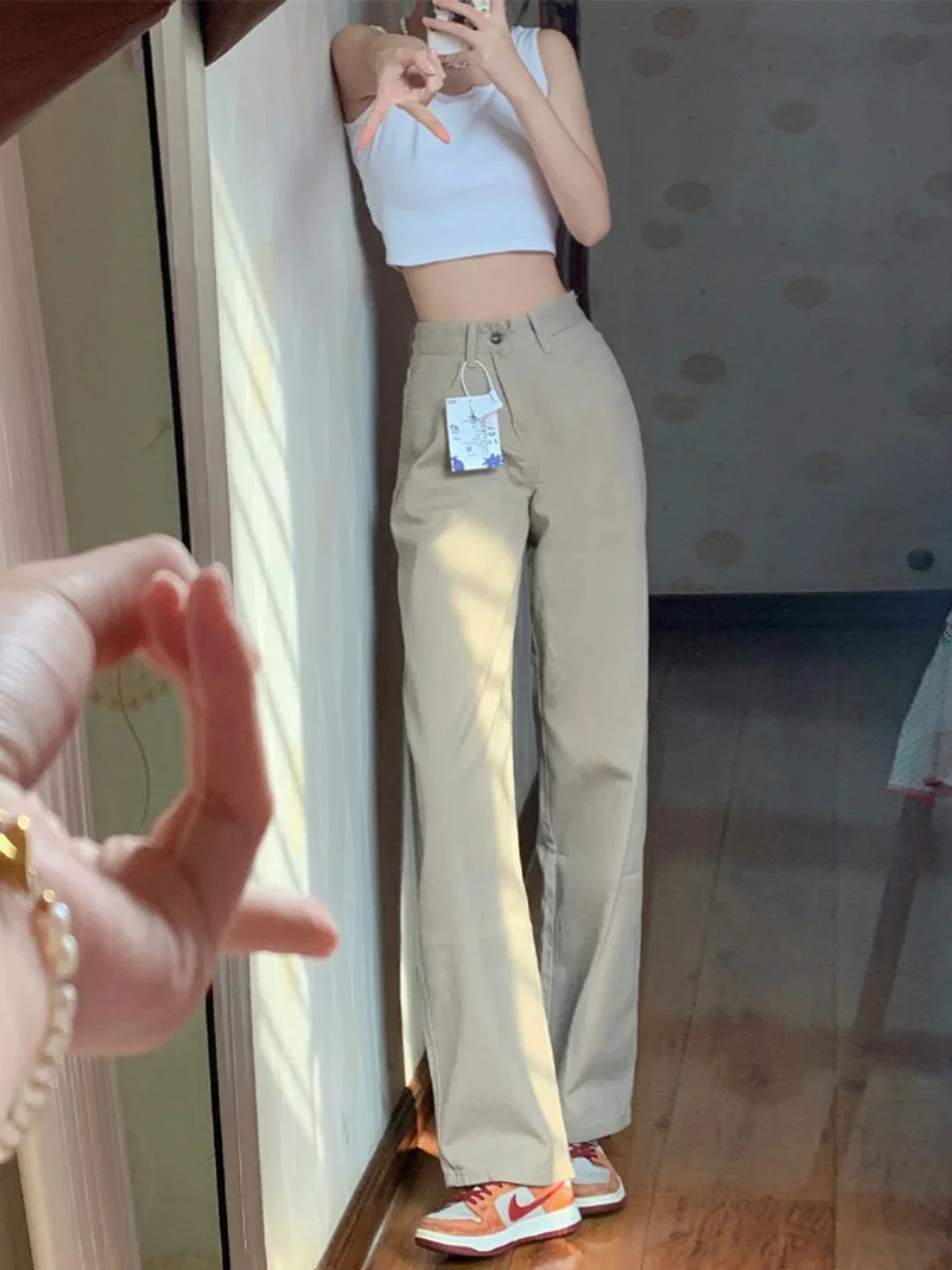 

Джинсы прямого кроя цвета хаки для женщин больших размеров, с высокой талией, утягивающие, широкие брюки для фигуры типа «груша», весенний сезон, стандартный крой.