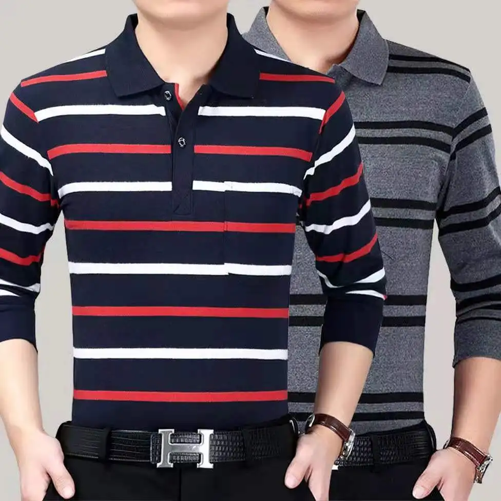 Two Pack Men Cotton Stripe Polo Shirts Spring Autumn New Streetwear Fashion Business Casual Versatile Basic Male Long Sleeve Top