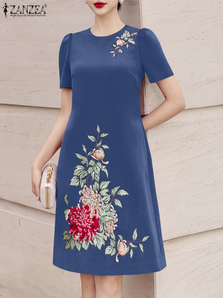 

ZANZEA Women Flowers Printing Knee-length Dresses Holiday Everyday Casual O-Neck Robes Femme Elegant Short Sleeve Short Vestidos