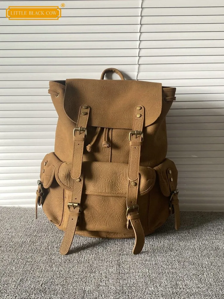 Harajuku Casual Mens Genuine Leather Backpack British Style Drawstring Large Capacity Handmade Vintage Cowskin Travel Backpacks