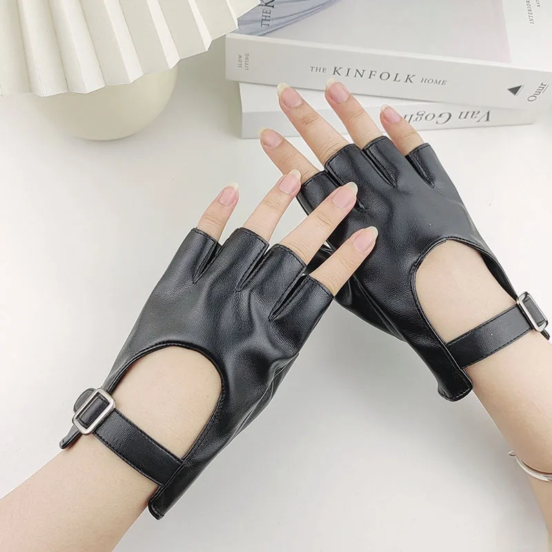 Fashion Women's Half Finger imitation Leather Gloves Cosplay Nightclub Pole Dance Fingerless Square Buckle Short Performance