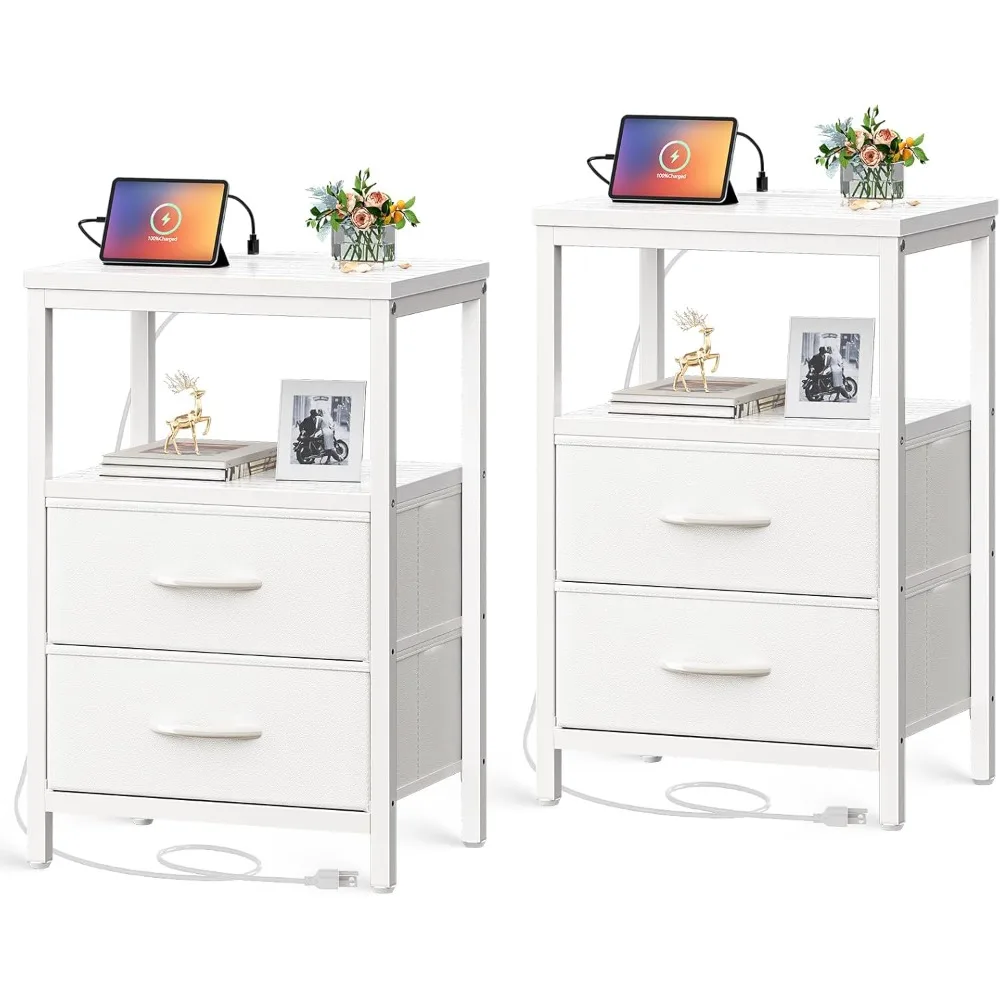 

Nightstands Set of 2, End Tables with Charging Station, Side Tables with Fabric Drawers, Bedside Tables with USB Ports and Outl