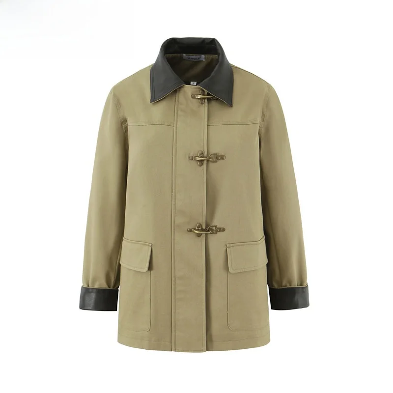 

Женская длинная хлопковая куртка в стиле ретро с воротником из искусственной кожи в стиле пэчворк, рабочая одежда большого размера, осеннее новое поступление