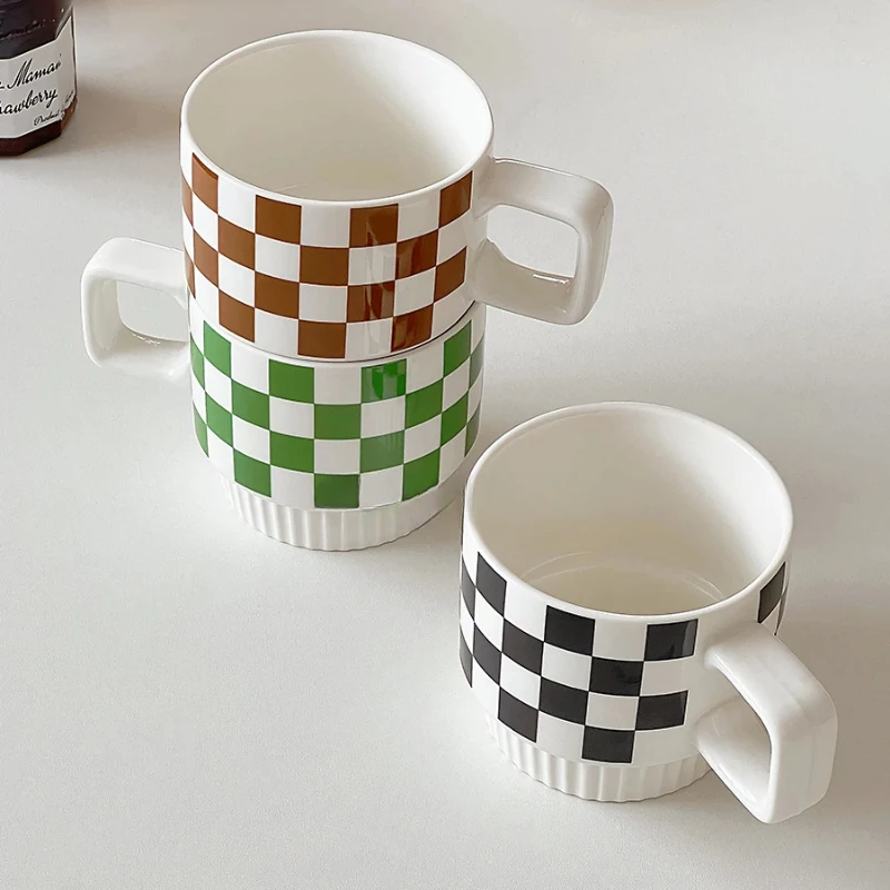 Black-and-White Ceramic Mug Chessboard Design Coffee Cup Household Dinner Plate Decorative Tableware Set Minimalist Teacup