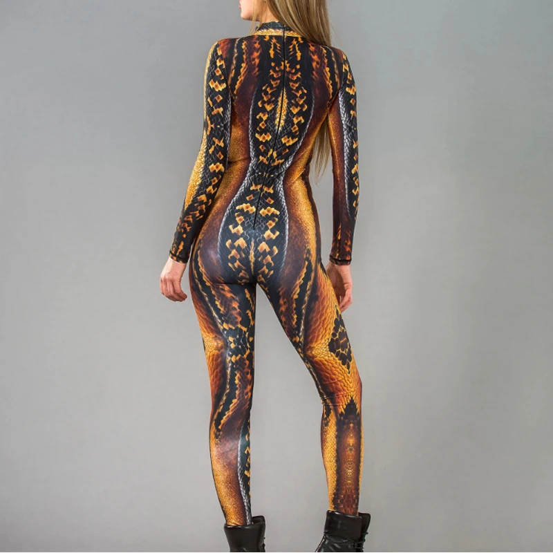 Women Sexy Snake Skin Print Cosplay Jumpsuit Halloween Punk Zentai Suit Holiday Party Rave Gothic Perfermence Bodysuit