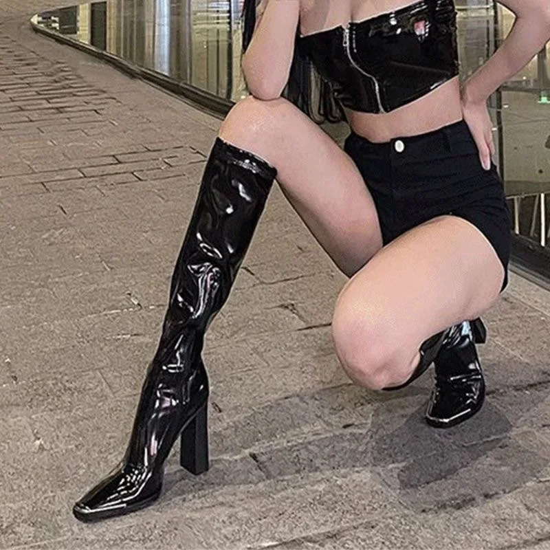 

Модные женские сапоги до колена из лакированной кожи с квадратным носком и боковой молнией, 2021, женские тонкие тонкие высокие сапоги на массивном высоком каблуке Botas