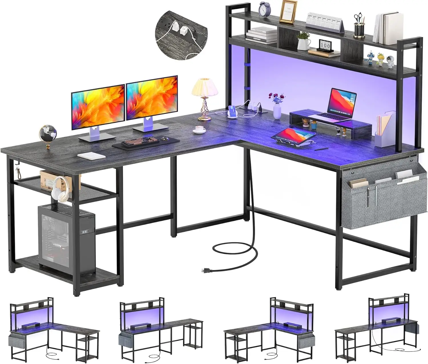 

L Shaped Desk with Power Outlet & LED Strip, Reversible L-Shaped Corner Computer Desks Gaming Desk,Storage Shelf & Monitor Stand