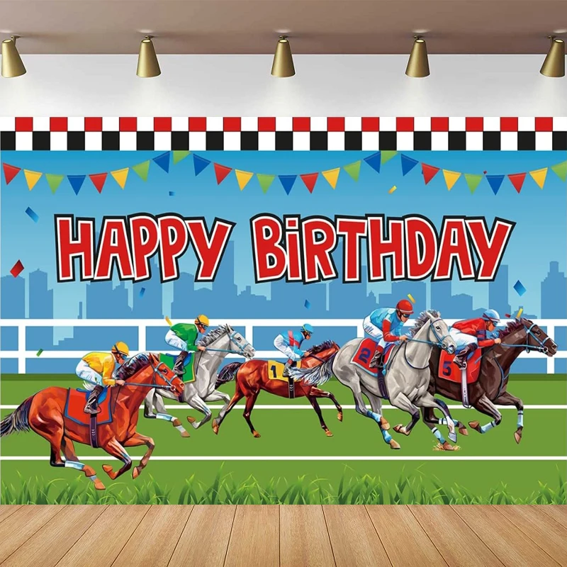 

Horse Racing Photography Backdrop Happy Birthday Background Banner For Kids Themed Baby Shower Party Supplies Decoration Poster