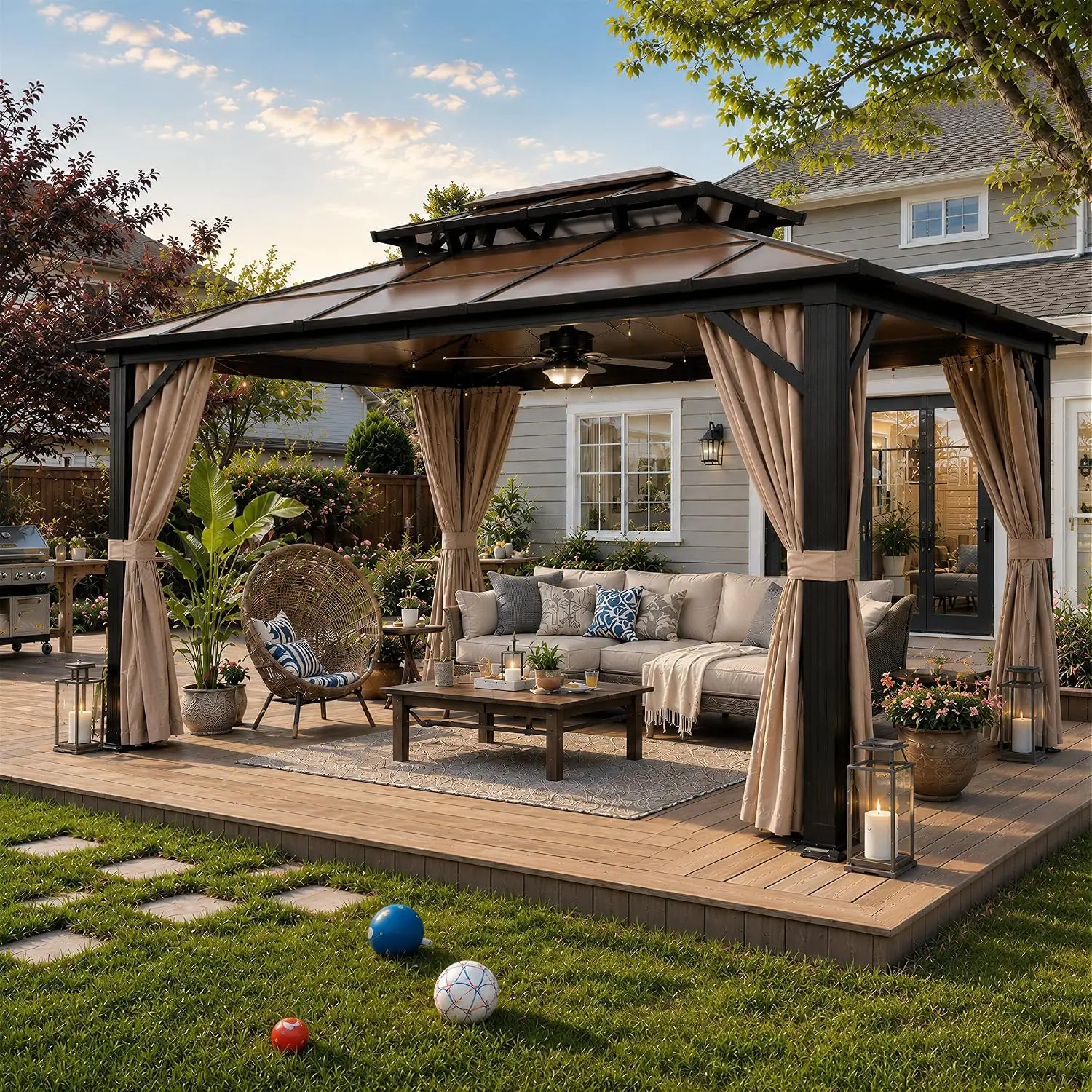 10X13 Hardtop Gazebo Outdoor Polycarbonate Double Roof Canopy Aluminum Frame Permanent Pavilion Curtains Netting Sunshade Garden