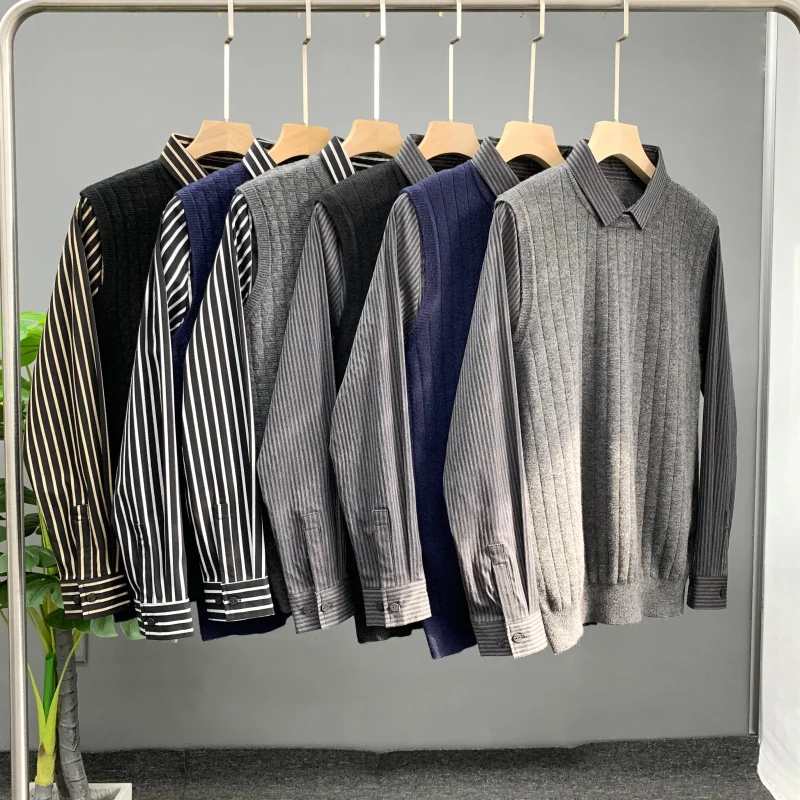 

Warm Wool And Nylon Knitted Sweater for Men Casual Faionable Autumn Winter irt Fake Two-Piece Sle Long Sve Crew Ne