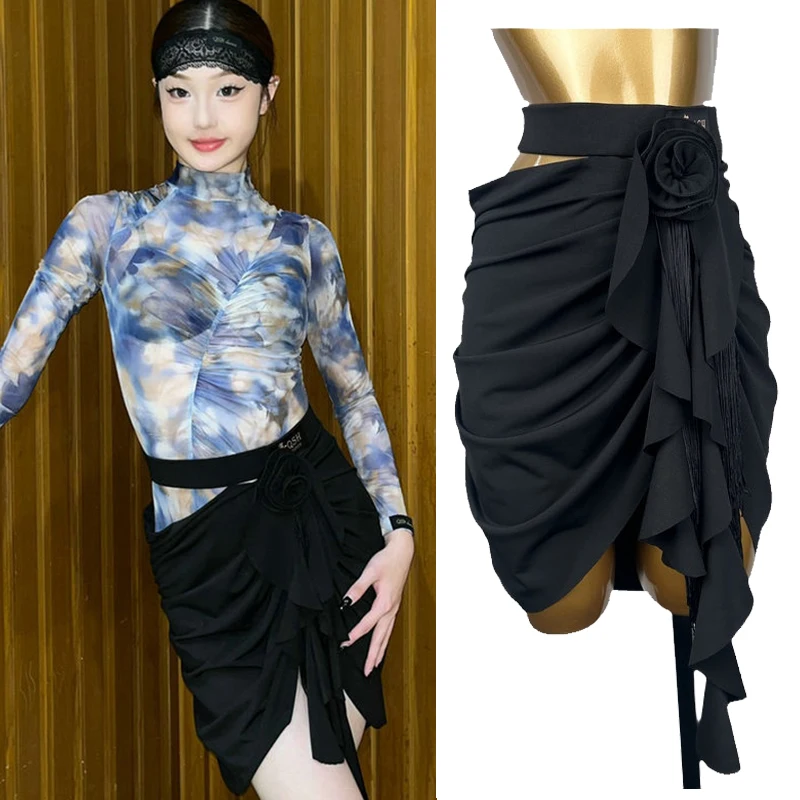 

Latin Dance Skirt Wrinkled Irregular Fringe Hip Scarf Adult Practice Tassels Skirt Chacha Tango Samba Dance Clothes DQL9676