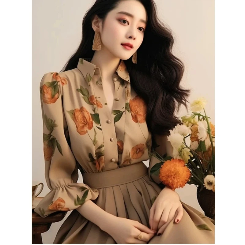 Temperament Button Floral Shirt Tops Spring New Polo Neck Printing Loose All-match Elegant Blouse Fashion Vintage Women Clothing