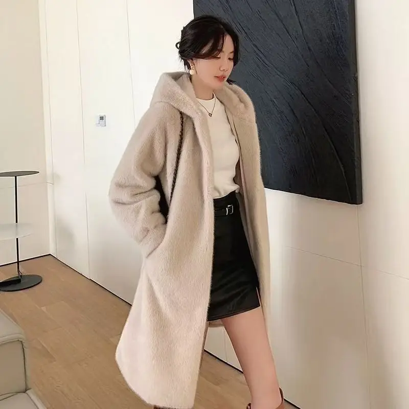 Long Faux Fur Coat for Women, Single Breasted Jacket，Loose Thicken Warm,Hooded，High Quality, Female Clothes, New ,Winter