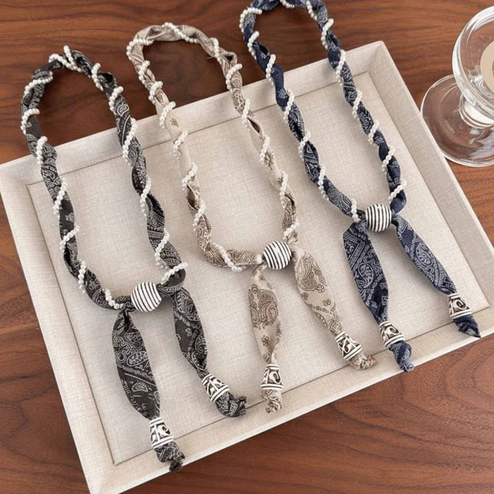 Vintage Flower Print Cashew Flower Scarf Pearl Scarf Resin Wood Beads Silk Scarf Knot Yarn Long Chain Collar Scarf