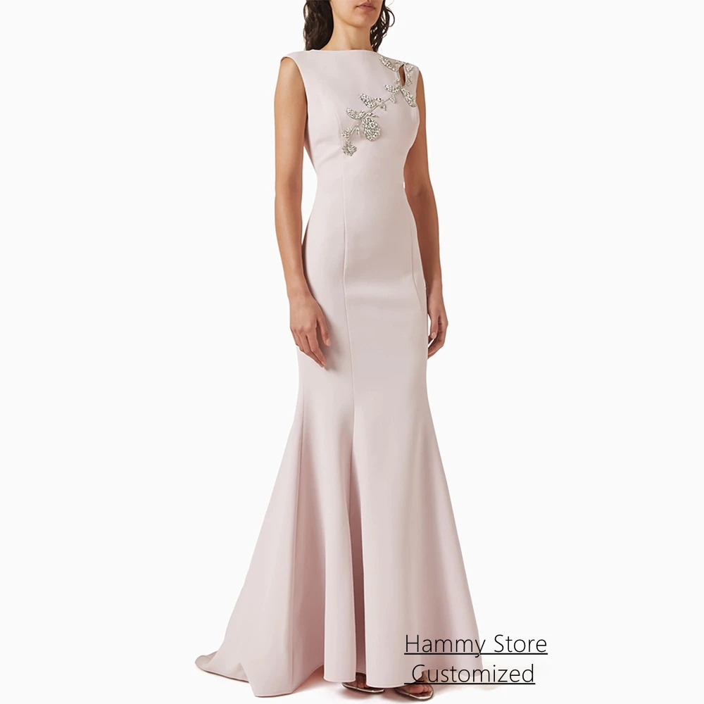 

Modern Evening Dress Customized Round Neck Sleeveless Silver Stone Crystal Sweep Train Mermaid Prom Gown Party Dresses
