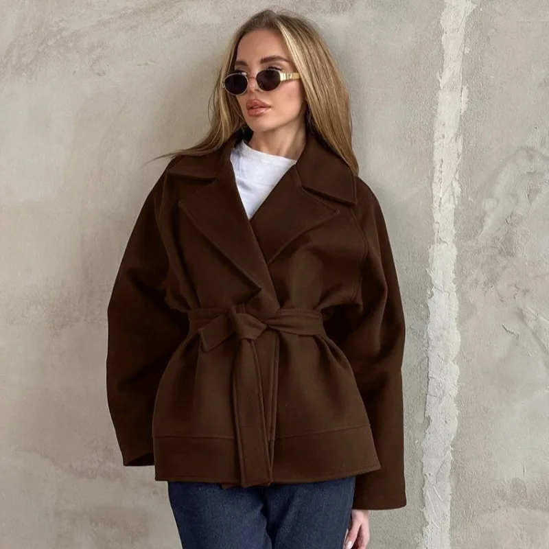 

Talenza Vintage Brown Lace Up Wool Jacket Elegant Female Lapel Long Sleeves Slim Coats Autumn Chic Lady High Street Wool Outwear
