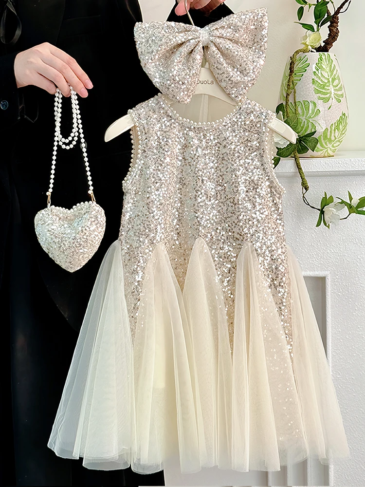 Vestido de Menina Estilo Princesa com Decote em V, Pérolas e Lantejoulas, Nova Moda de Verão, Roupas Infantis em Cores Vibran...