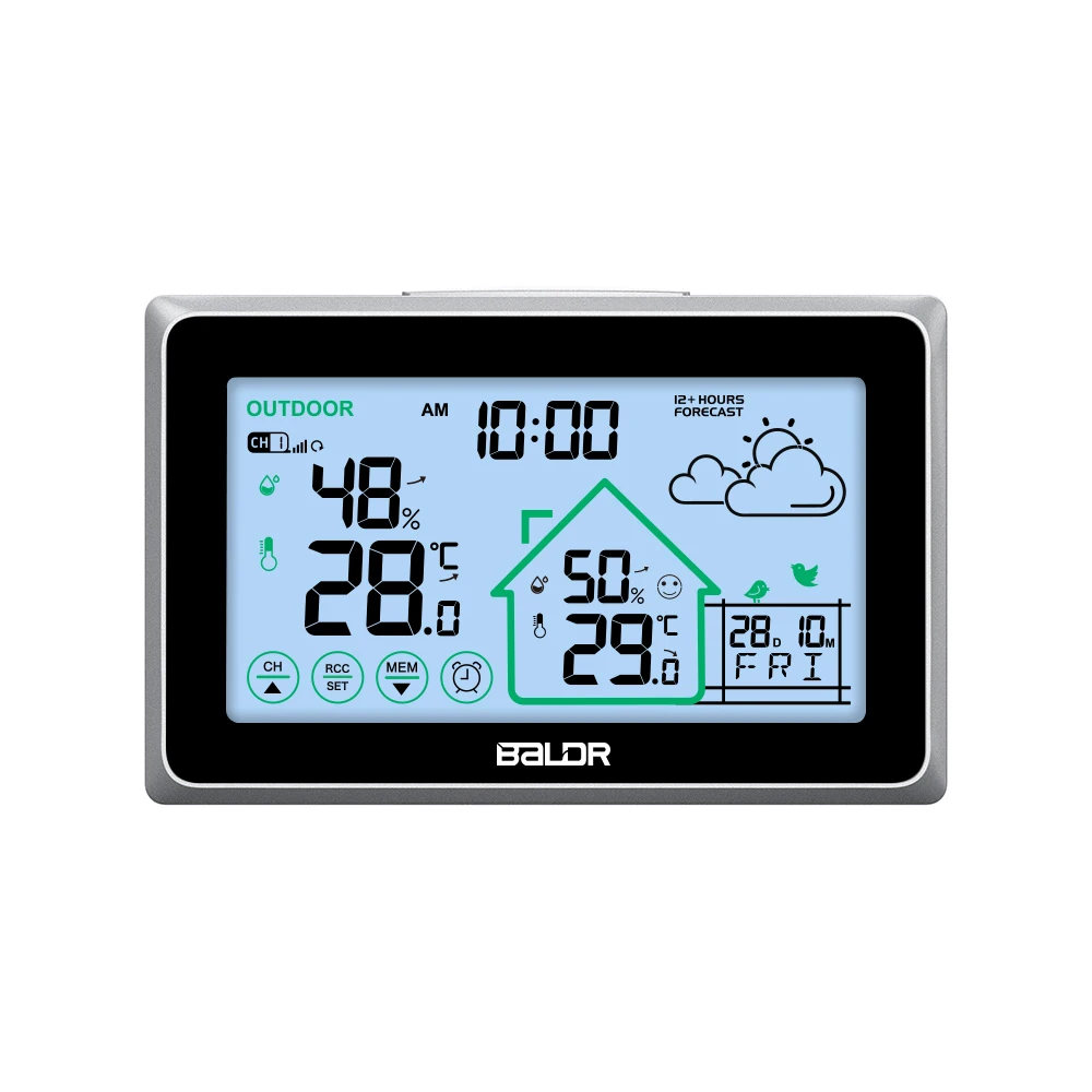 Baldr Wireless Weather Station Touch LCD Digital DCF Wall Clock In/Outdoor Thermometer Hygrometer Trend Comfort Forecast Sensor