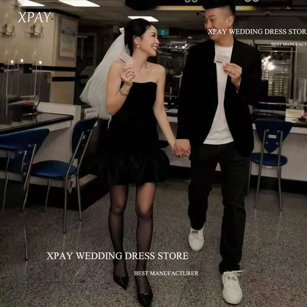 

XPAY Black Velvet Korea Evening Prom Dresses Mini-Length A Line Strapless Evening Party Dress Formal Occasion Gowns Customized