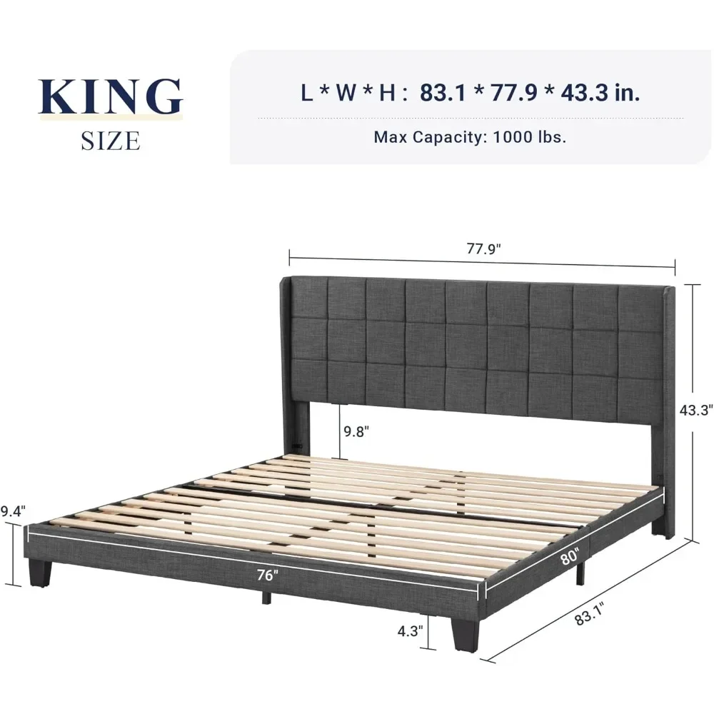 King Size Bed Frame with Wingback，Upholstered Square Stitched Headboard & Wooden Slats，Box Spring Optional，Bed Frame