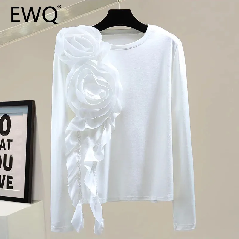 EWQ Casual 3D Flower Spliced T-shirt For Women Fashion Long Sleeved Loose Solid Color Versatile Top Clothing 2024 New 27X647