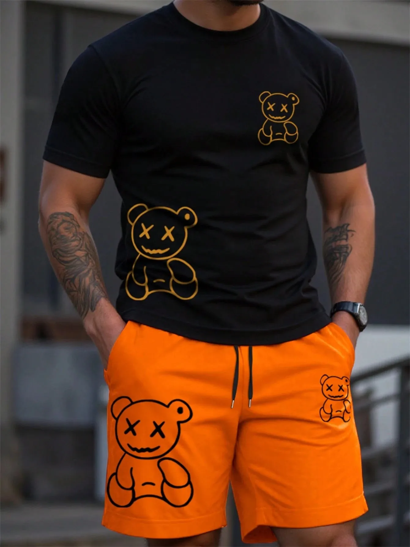 

2026 Summer New Men's Short-Sleeved Shorts Set with 3D Bear Pattern Print for Street Casual Fashion Comfortable and Soft