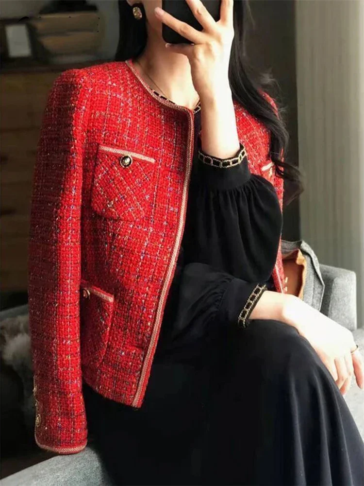 Chaqueta de traje de Tweed rojo para mujer, traje coreano Retro, elegante, informal, holgado, cuello redondo, botonadura única, Otoño e Invierno